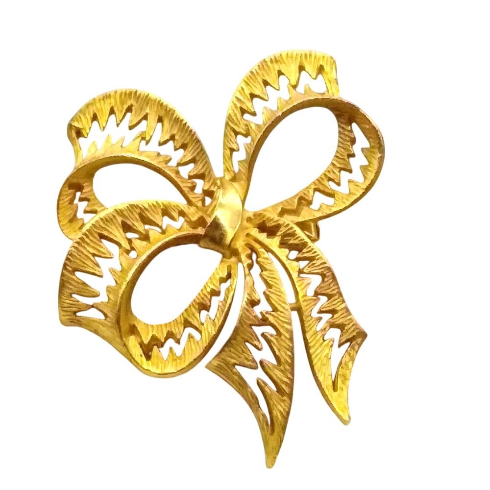 Textured Bow Brooch, Gold Tone Pin with ZigZag Piercings, Elegant Ribbon